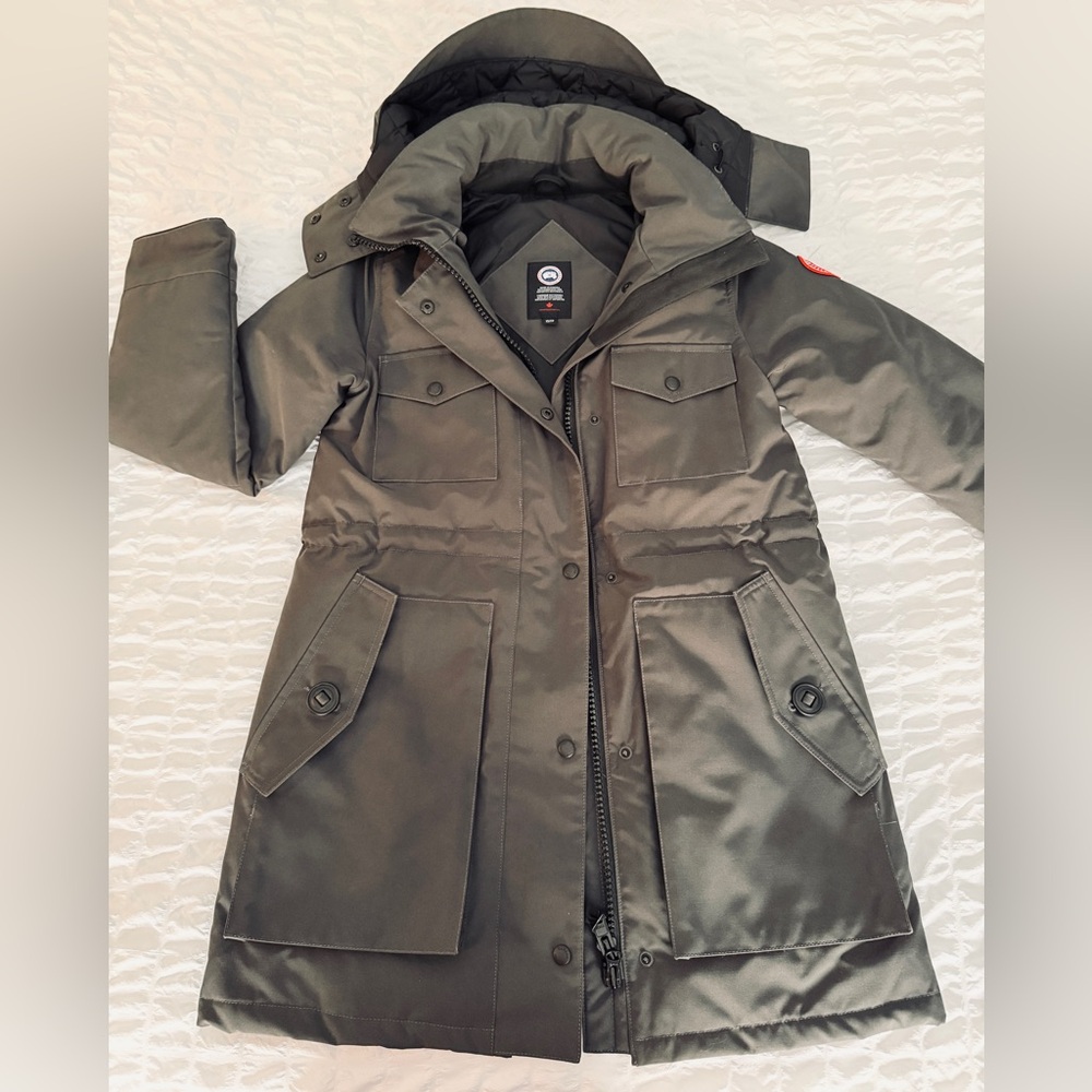Canada Goose Olive Green Parka with Hood and reflective bands